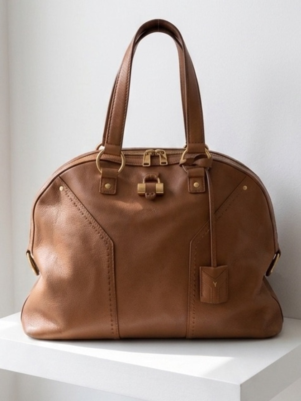 YSL Yves Saint Laurent Rive Gauche Brown Leather Large Muse Handbag, Key, COA